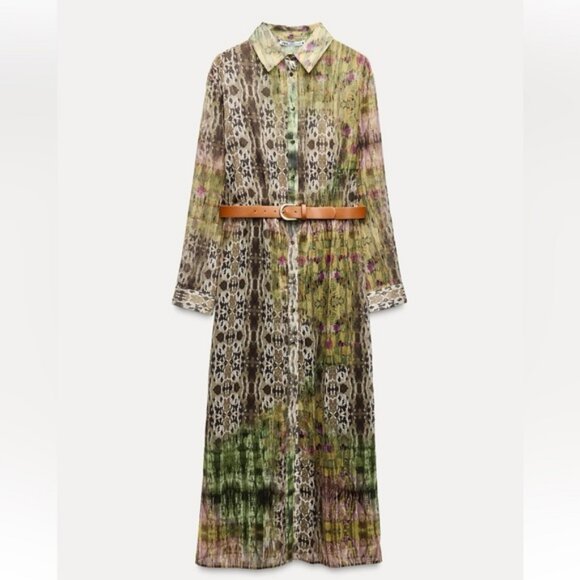 ZARA METALLIC THREAD BELTED PRINTED DRESS - Picture 2 of 6